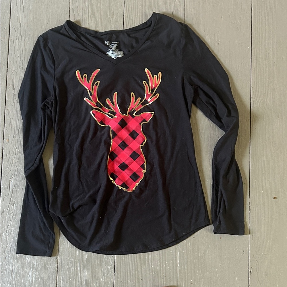 No Boundaries Black Long Sleeve with Red Plaid Deer